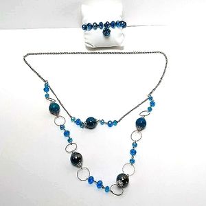 Blue jeweled Silver necklace and bracelet set